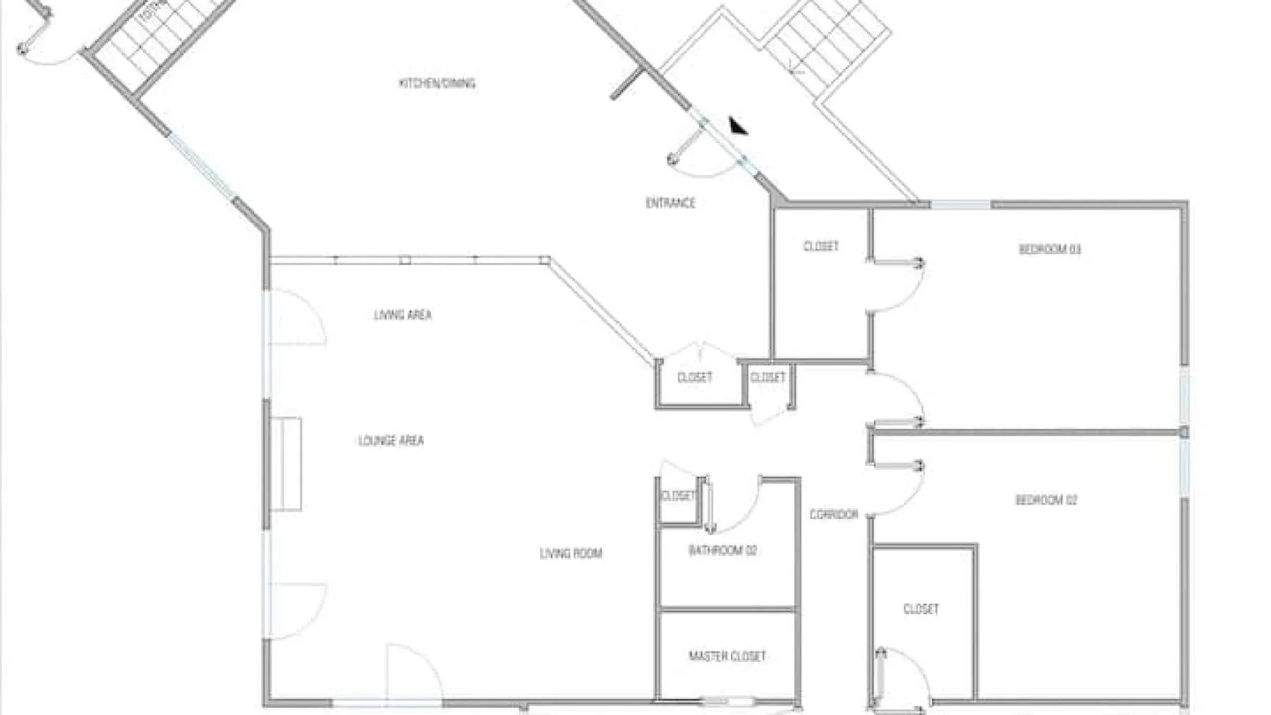 Un plano muestra una sala de estar, dormitorios, baños y una entrada.