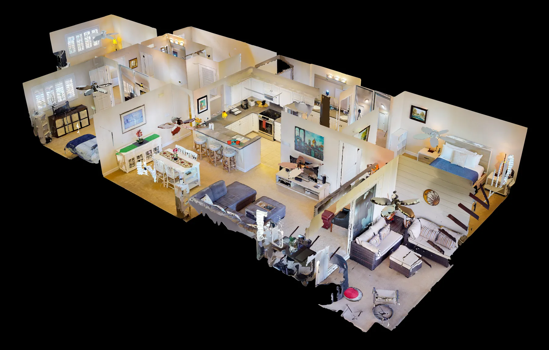 A cutaway view of a furnished home shows connected living, dining, and bedroom areas.