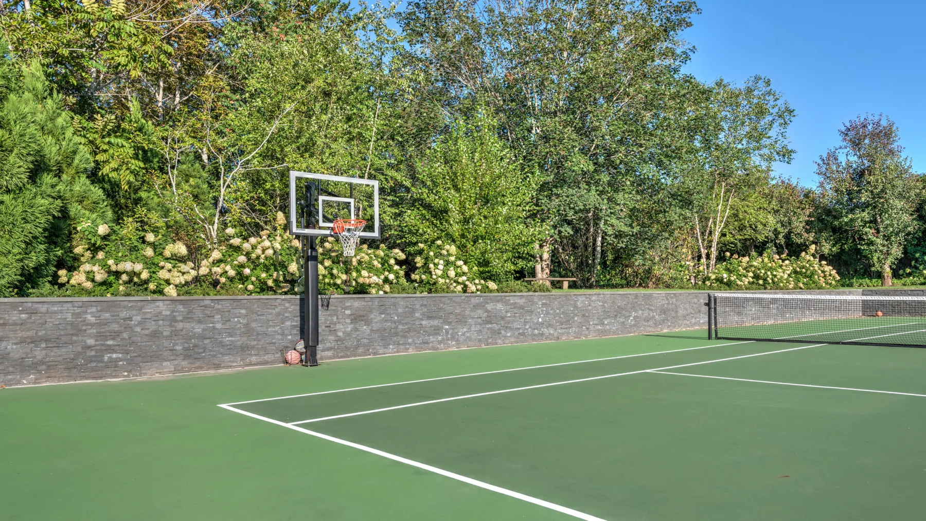An outdoor basketball court with a hoop, surrounded by trees and shrubs.