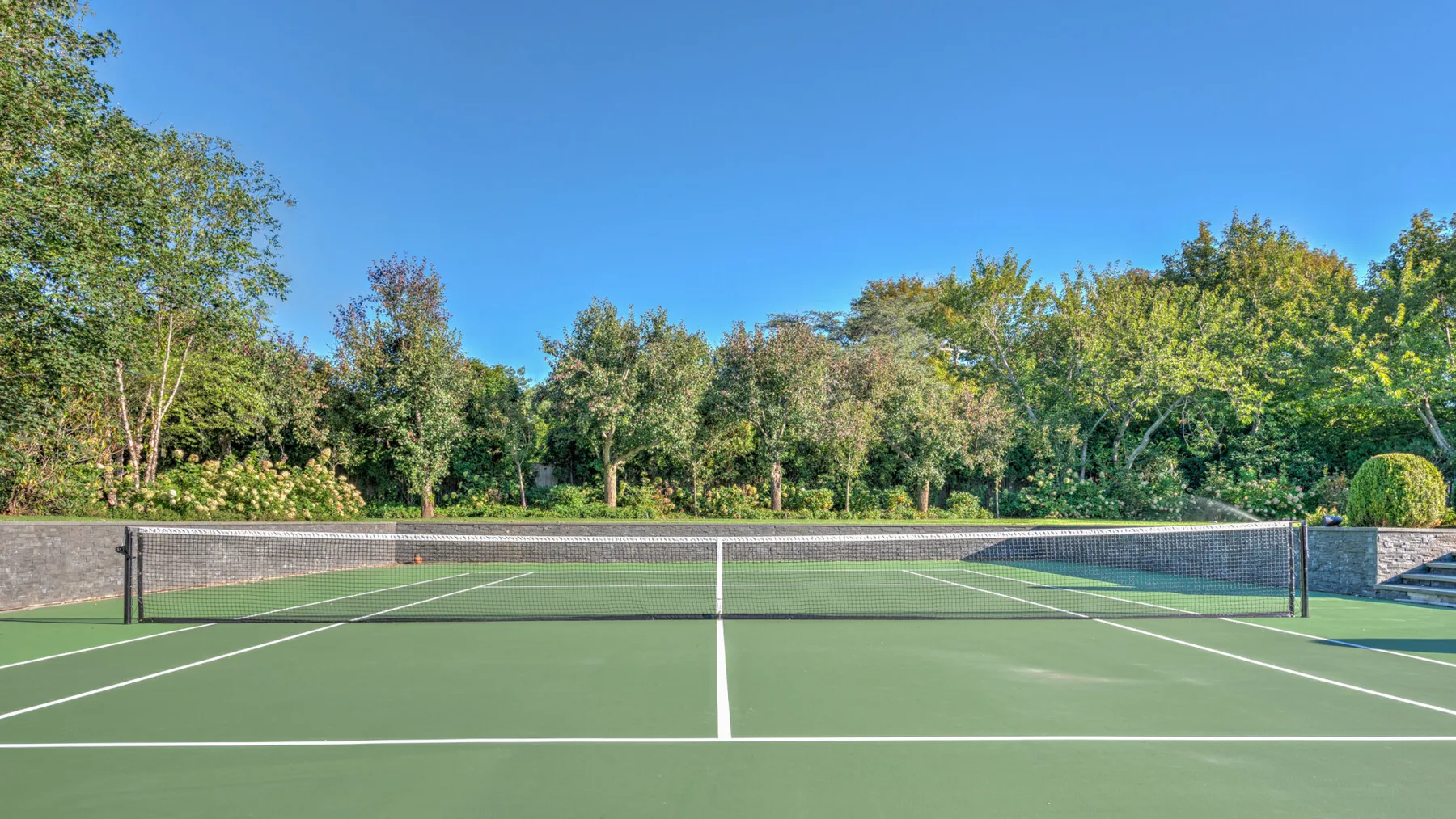 A tennis court with a net is surrounded by trees.