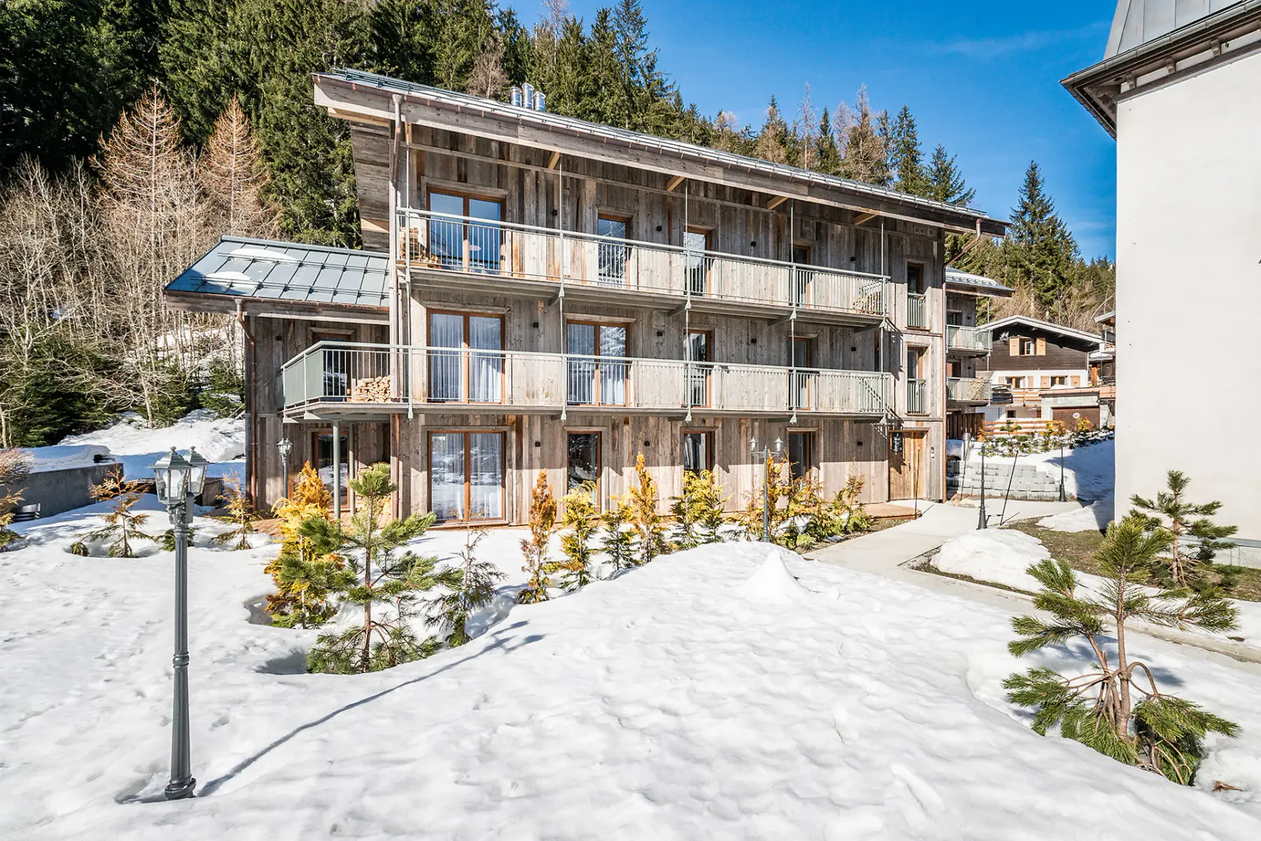 Outside view mountain chalet snow winter ski Chalet Ravanel in Chamonix