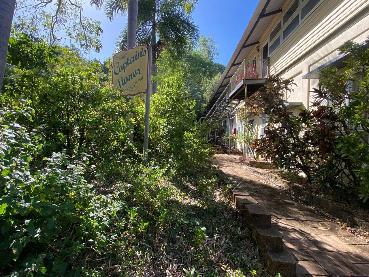 Un sendero de jardín atraviesa abundante vegetación junto a un edificio.