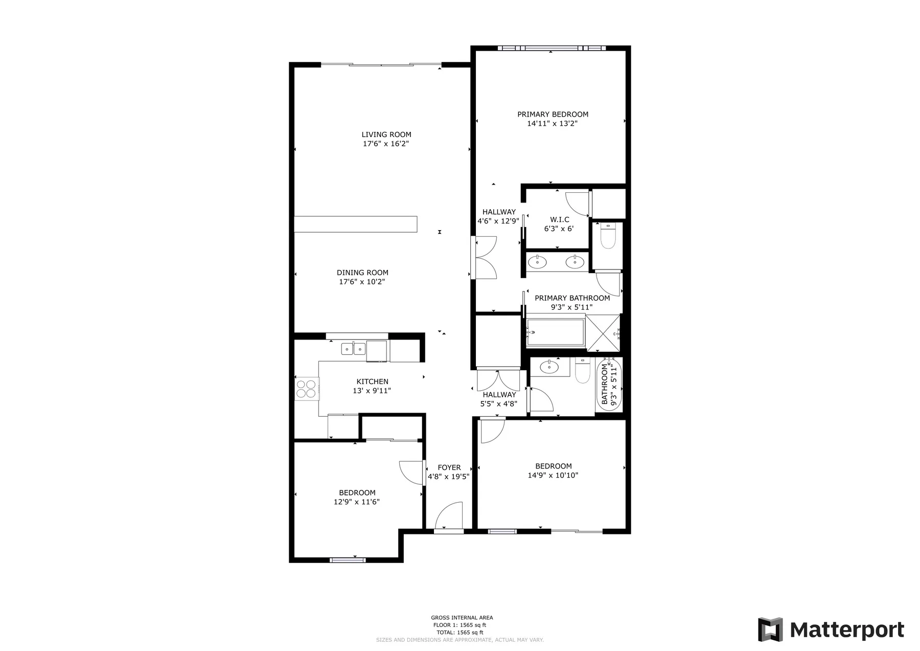A black-and-white floor plan shows a living room, dining area, kitchen, bedrooms, and bathrooms.