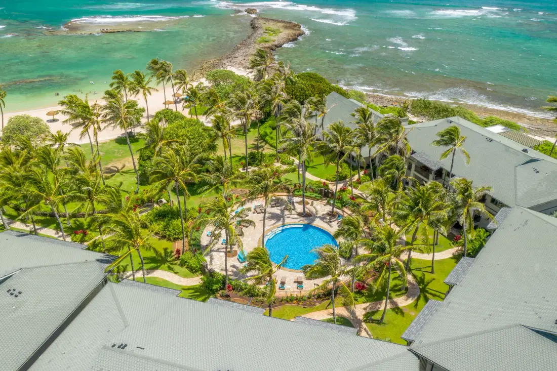 An aerial view of a coastal resort with a pool amid palm trees.