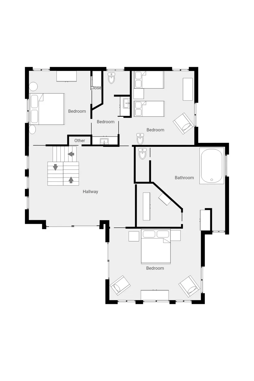 A black-and-white floor plan shows several bedrooms, a hallway, and bathrooms.