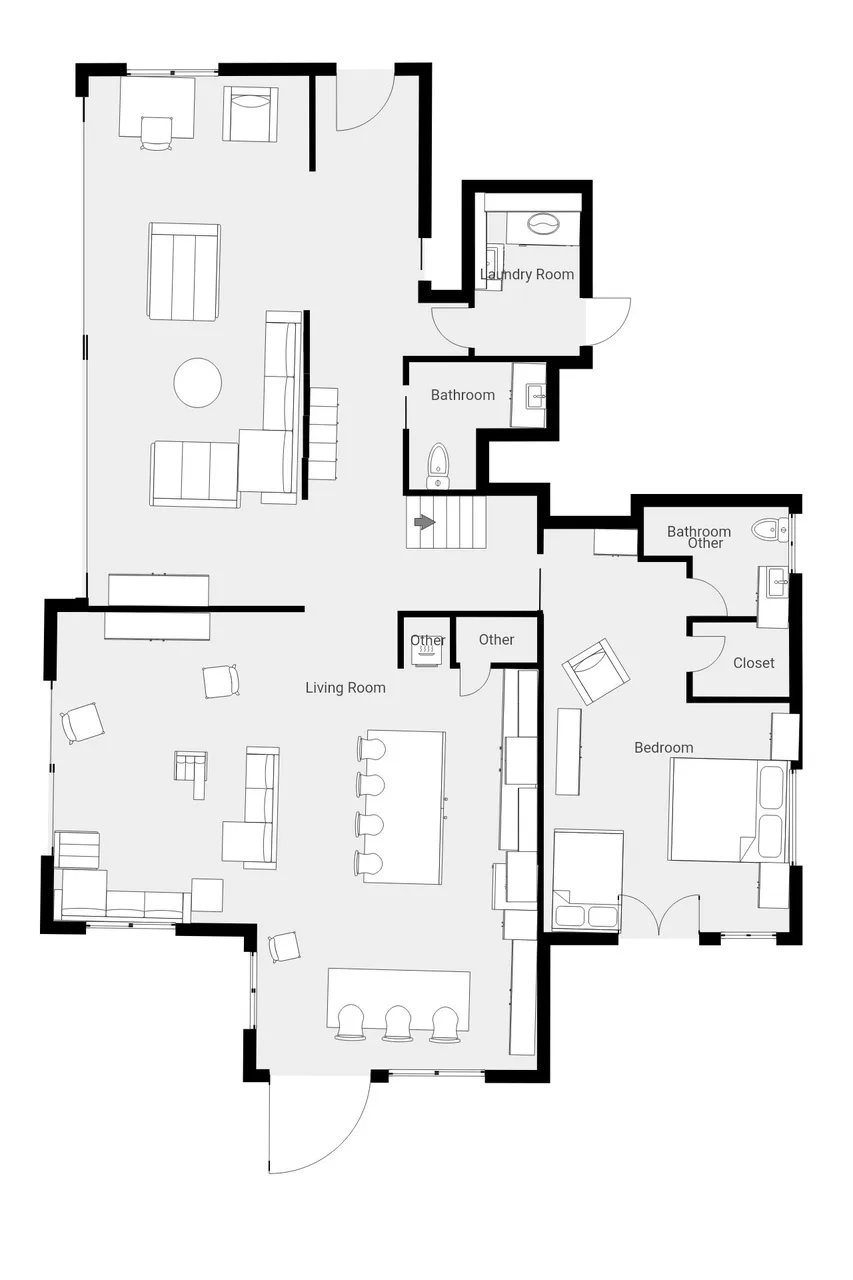 A residential floor plan shows labeled living, dining, bedroom, and bathroom areas.