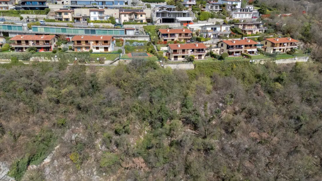An aerial view of hillside homes above a wooded slope.