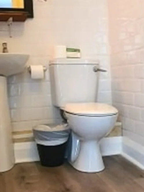 Baño de hotel con lavabo, inodoro y ducha.