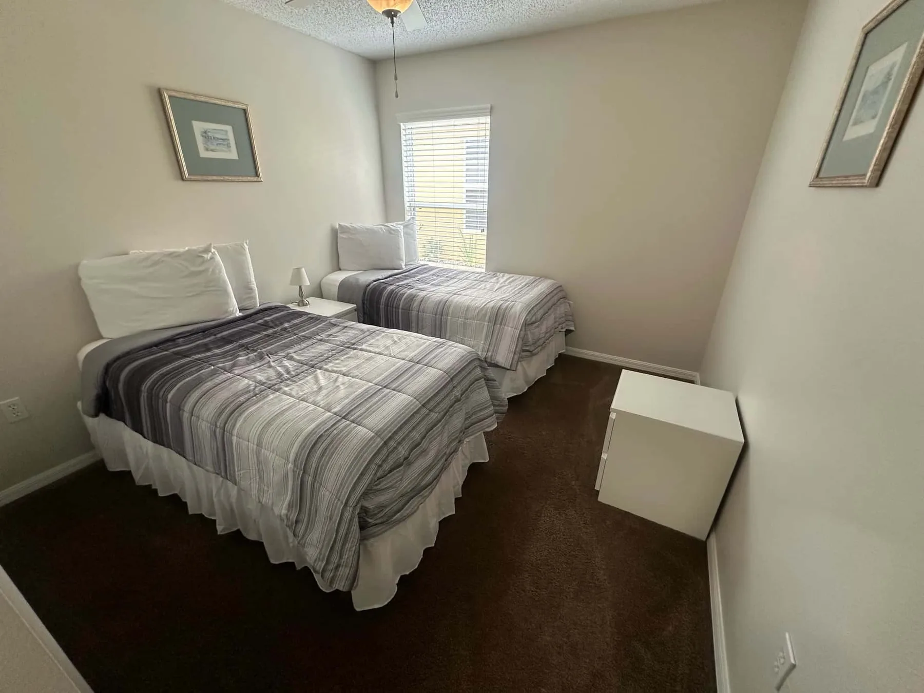 Un dormitorio con dos camas cubiertas con ropa de cama a cuadros grises y una ventana.