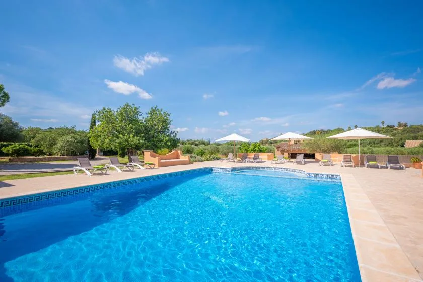 Una piscina al aire libre está rodeada de asientos reclinables y sombrillas.