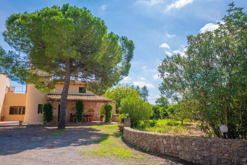 Una casa se encuentra junto a un muro de piedra y árboles frondosos.