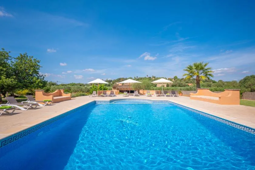 Una piscina ocupa una terraza al aire libre, con tumbonas y sombrillas cerca.