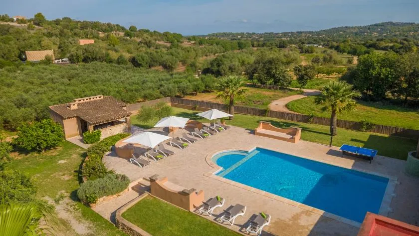 Una piscina y tumbonas están en una zona exterior ajardinada.