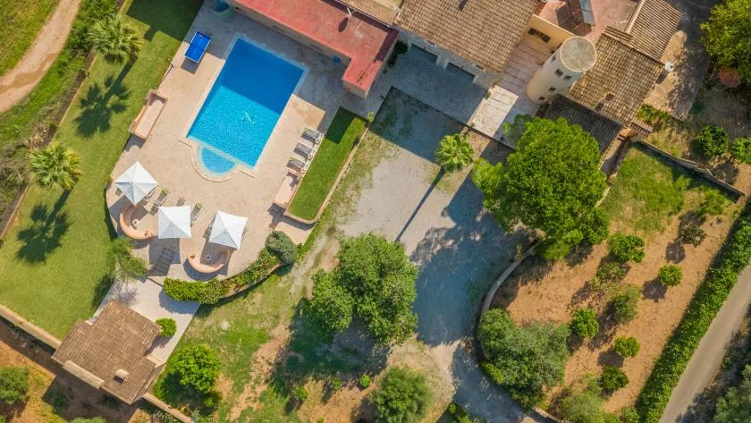 Una vista aérea muestra una piscina, caminos pavimentados y vegetación alrededor.