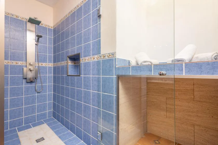 Un baño alicatado con ducha, azulejos azules y un mueble de madera.