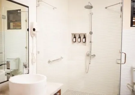 Bathroom with sink, toilet, shower and mirror.
