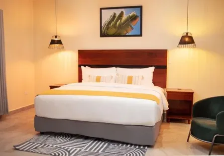 Habitación de hotel con una cama king y una silla.