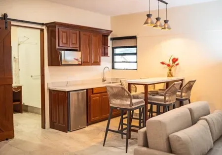 Living area with couch, table, chairs and kitchenette.