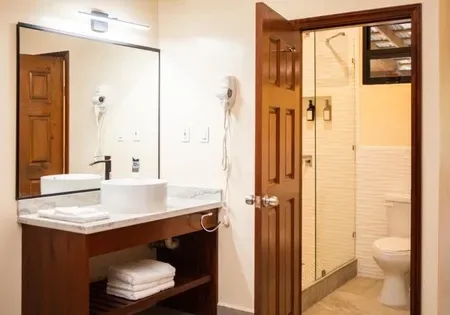 Baño con lavabo, inodoro y espejo.