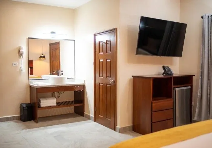 Hotel room with bed, television, sink and mirror.