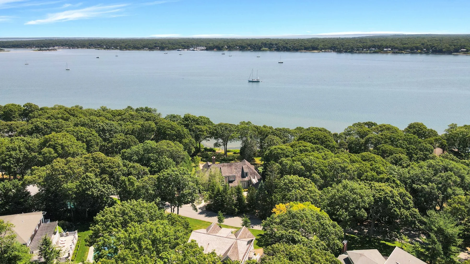 Aerial view of homes among dense trees beside a broad bay.