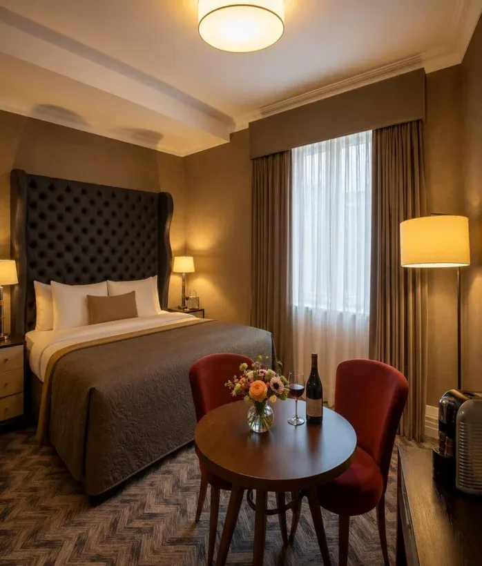 Habitación de hotel con cama king size e iluminación acogedora.