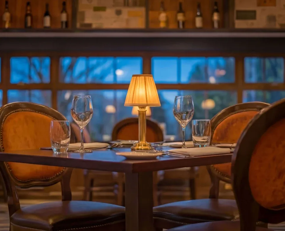 Hotel restaurant set for dining.