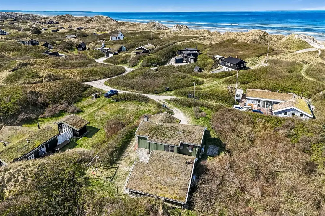 Aerial view of houses among grassy dunes beside the sea.