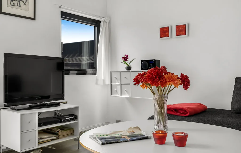 Una sala luminosa con televisor, asientos y flores sobre una mesa de centro.