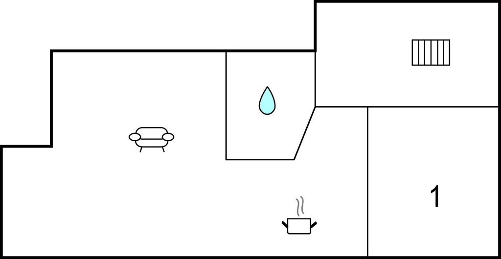 Un plano sencillo muestra una zona de asientos, un baño y una escalera.