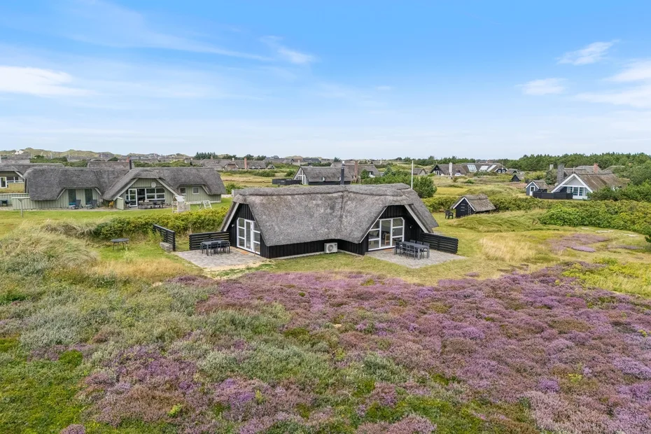 A low cottage sits amid flowering heath, with other cottages visible across the landscape.