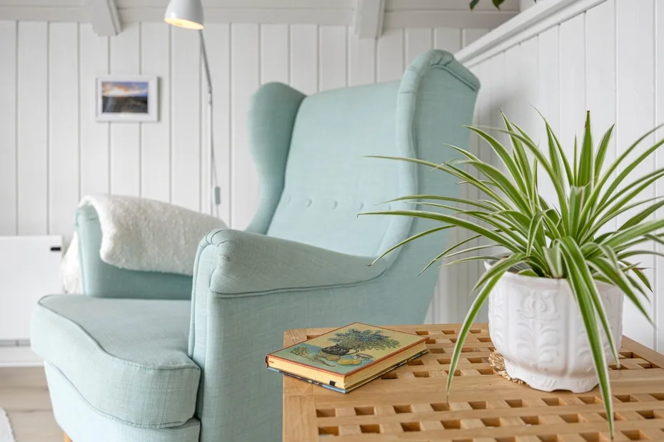 A pale blue upholstered chair sits beside a potted plant and a small wooden table.