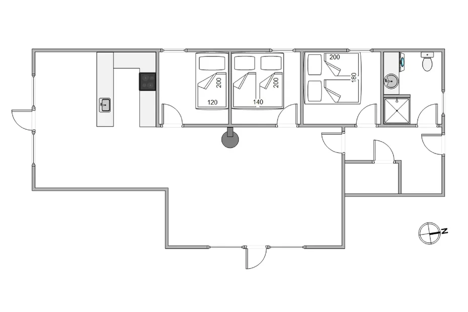 Floor plan showing a living area, bedrooms, and a bathroom.