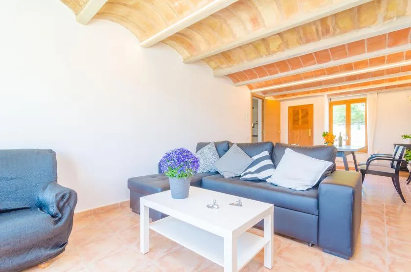 Una sala de estar con un sofá azul, una mesa de centro blanca y vigas expuestas en el techo.