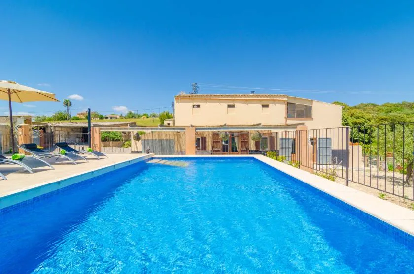 Piscina exterior junto a un edificio bajo, con tumbonas y una sombrilla cerca.