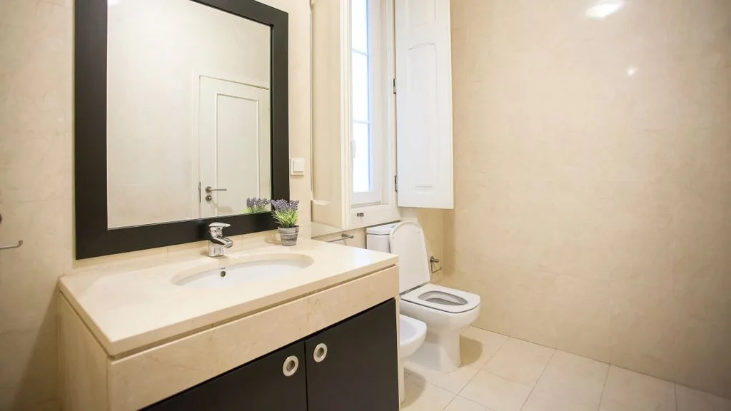 Un baño con lavabo, espejo e inodoro.