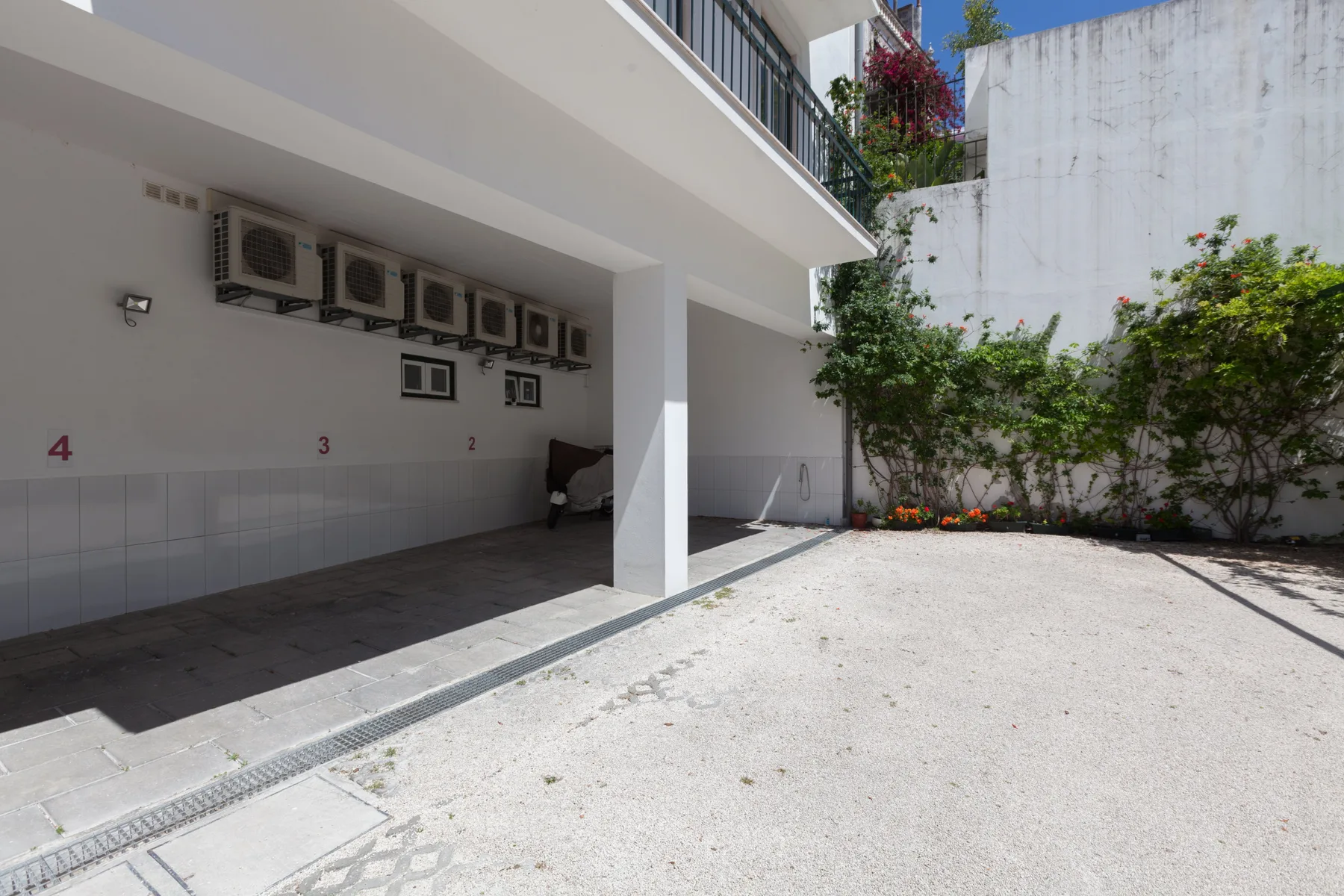 An outdoor parking area beside a building, with plants along the wall.