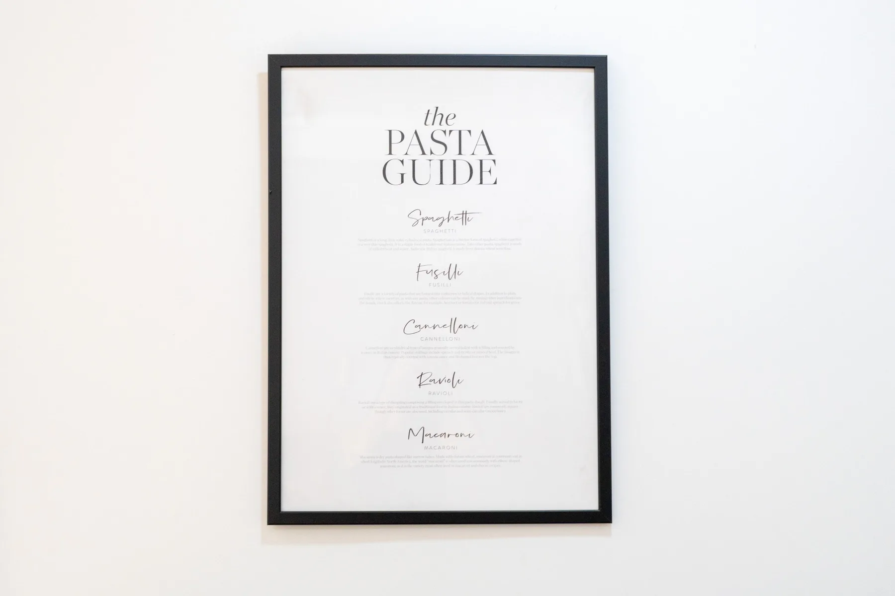 A framed pasta guide hangs on a plain light-colored wall.