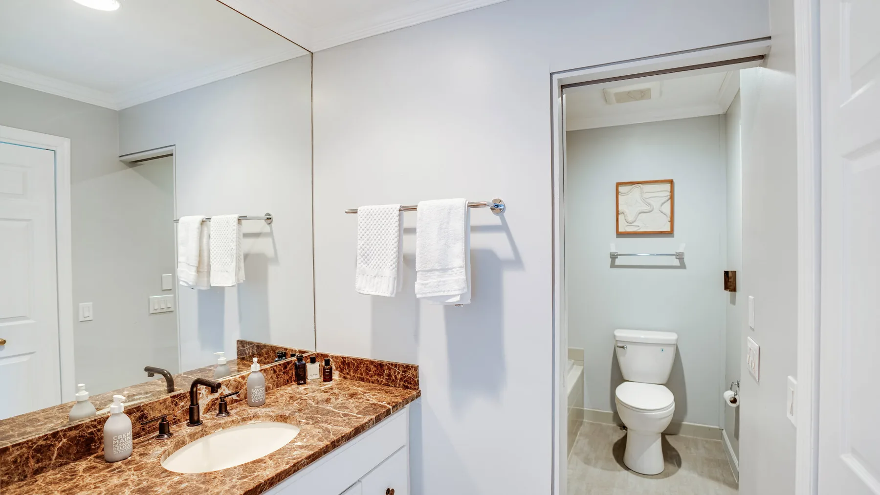 Un lavabo de baño con espejo junto a una puerta abierta que da al inodoro.