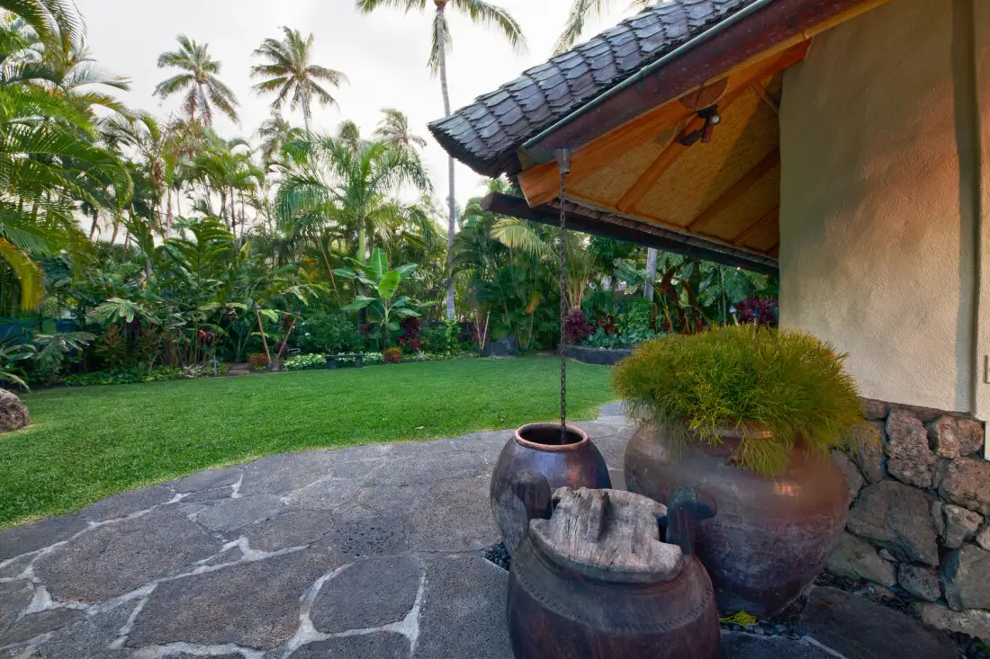 Un jardín tropical con césped junto a un patio de piedra cubierto.