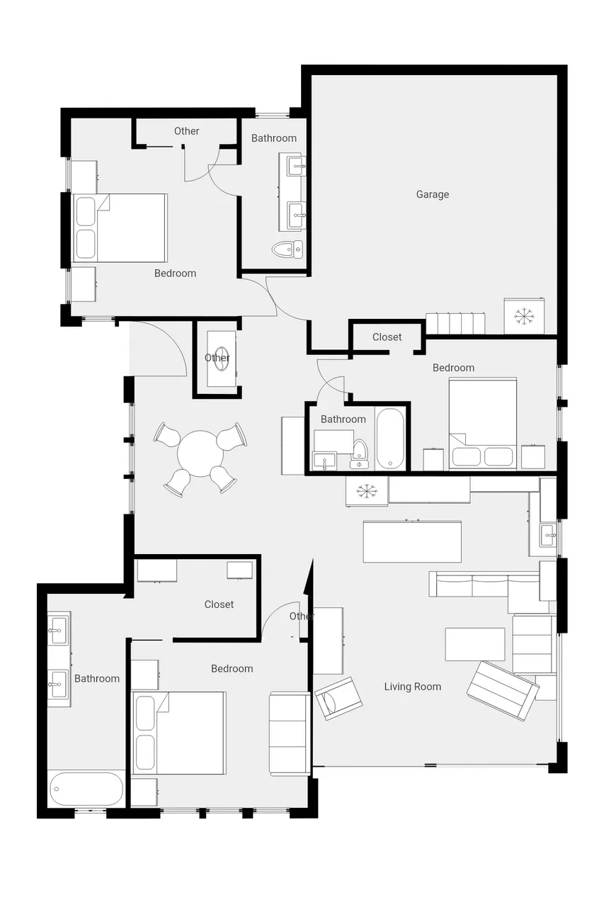 A floor plan showing bedrooms, bathrooms, a living room, and a garage.