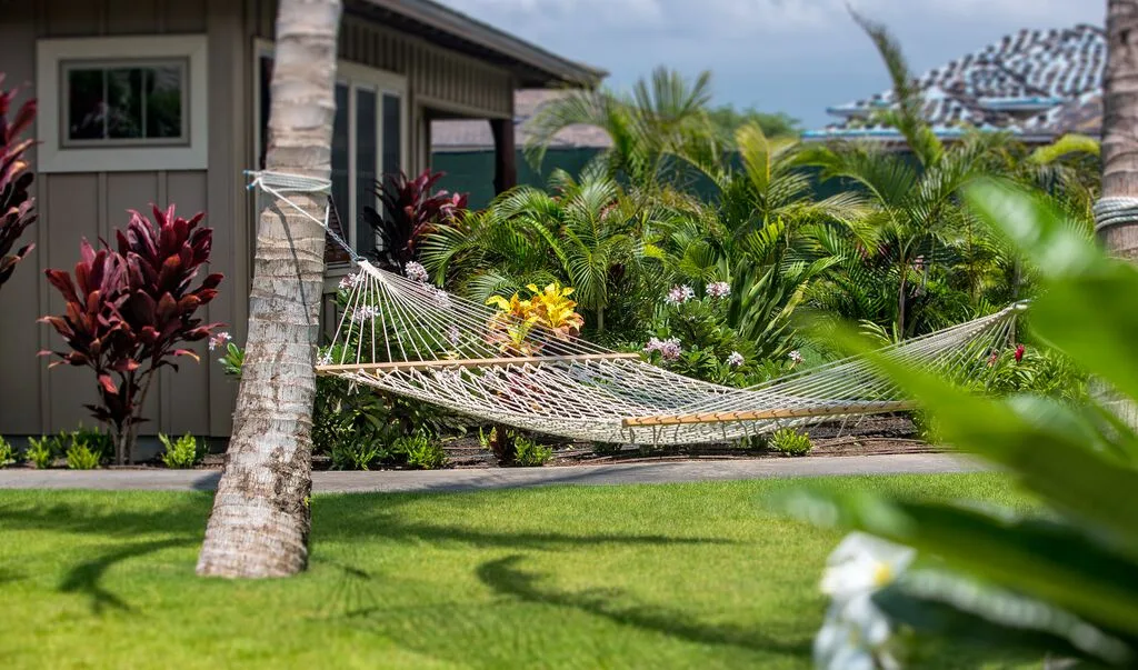 A hammock hangs in a tropical garden beside a building, surrounded by greenery.