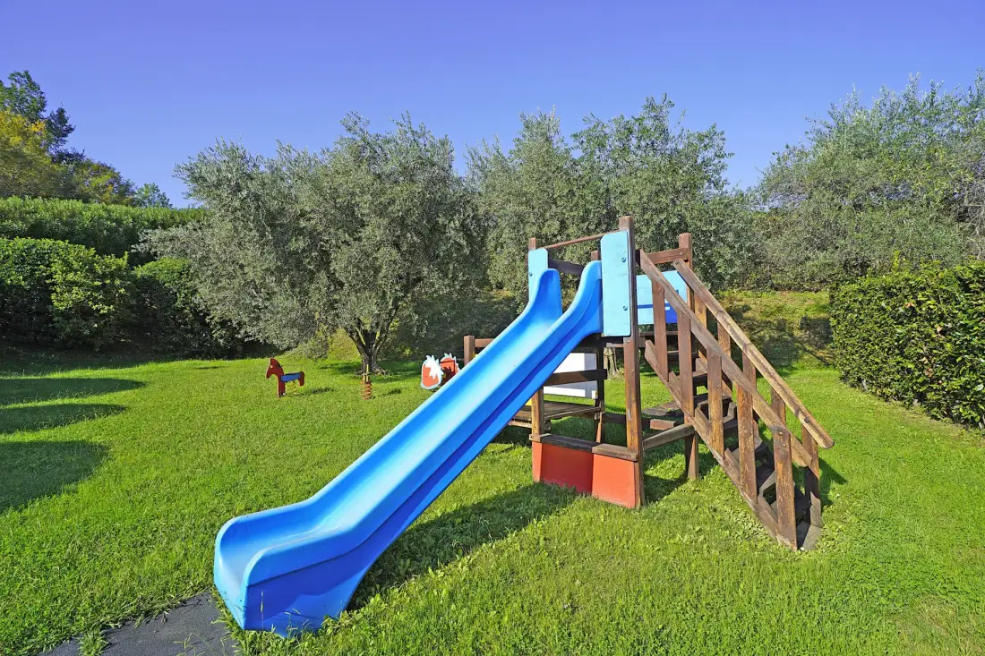 A children’s play structure with a blue slide stands in a grassy yard.