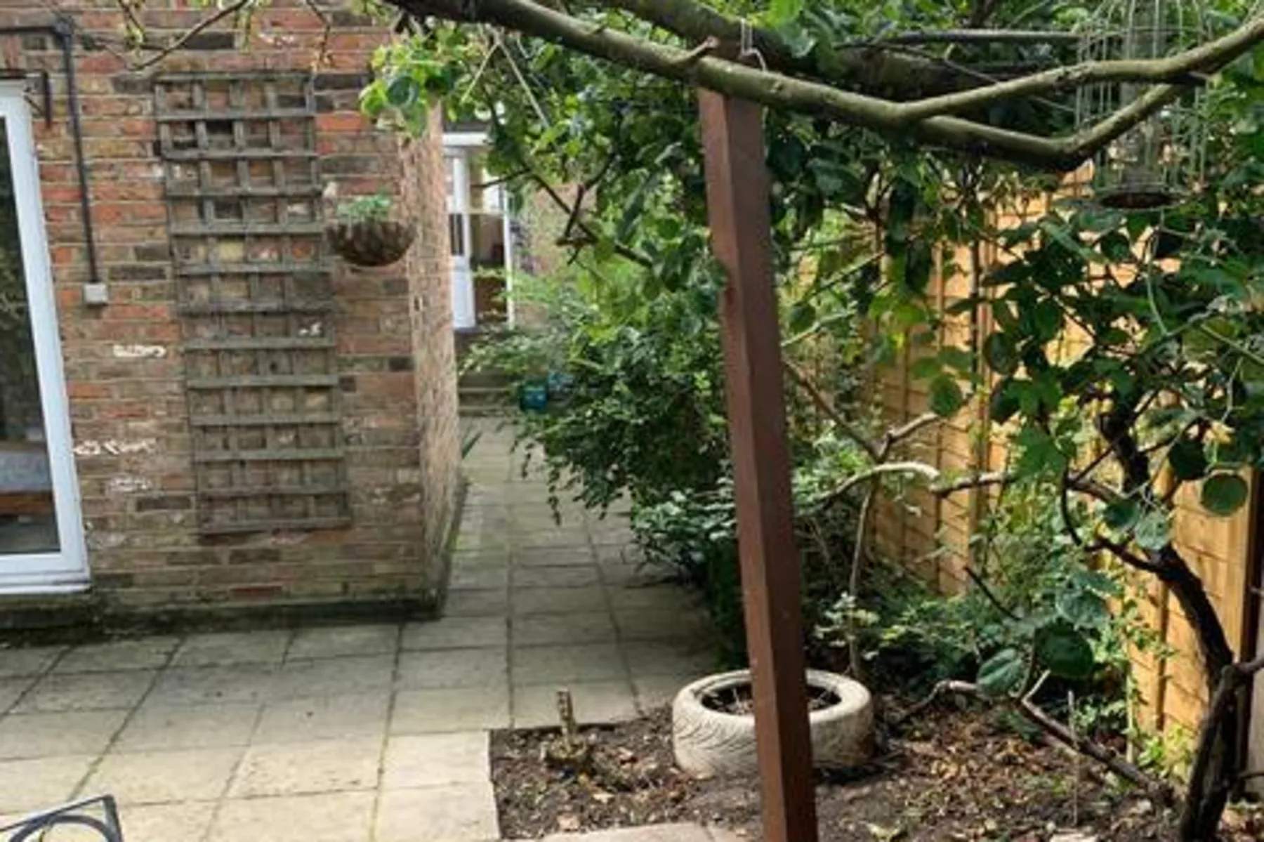 A paved garden patio with leafy vines and a brick wall.