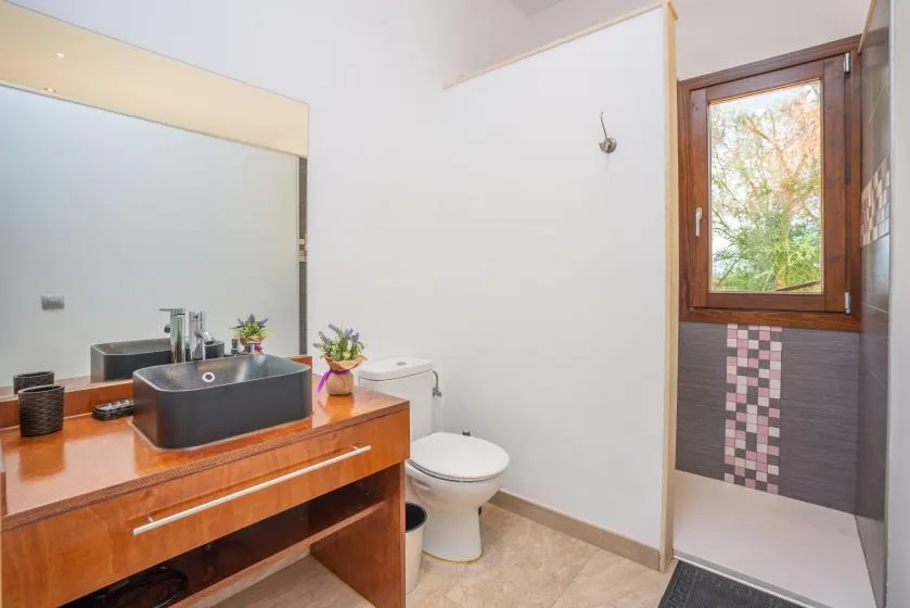 Un baño con un tocador de madera, inodoro y ducha.