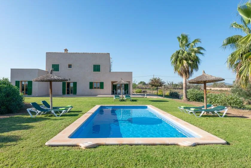 Una piscina está en un jardín con césped frente a una casa moderna.