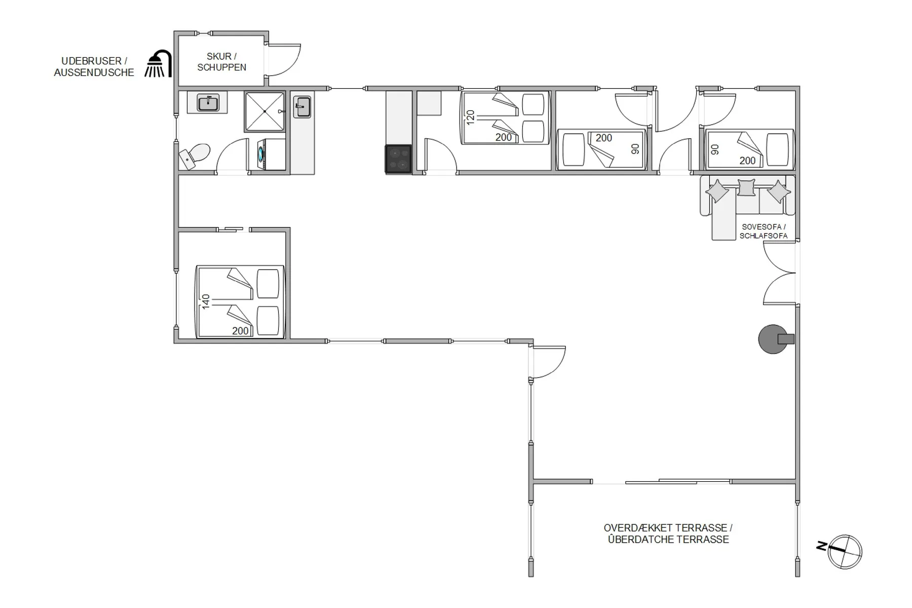 Un plano muestra la distribución de las habitaciones, los baños y una terraza contigua.