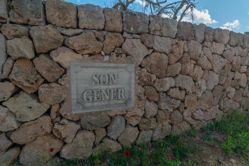 Un muro de piedra irregular con un letrero rectangular y pequeñas flores en la base.