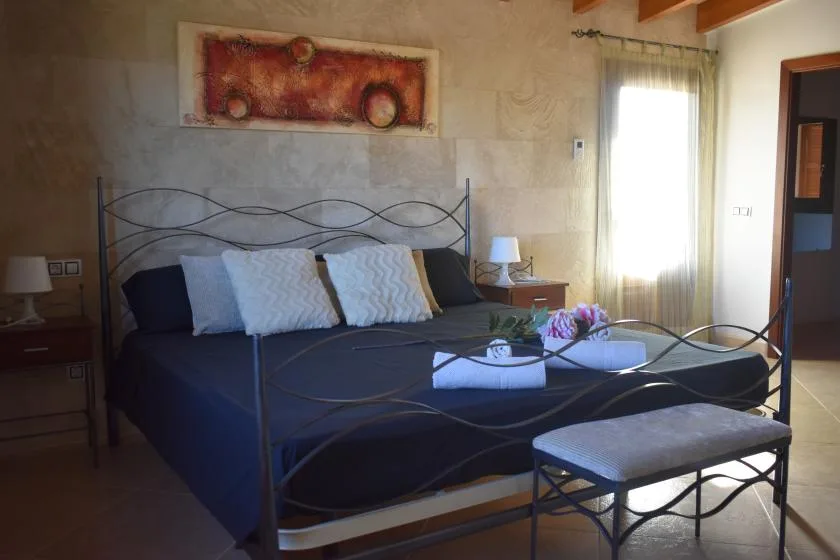 Un dormitorio con una cama oscura, almohadas claras y una ventana luminosa con cortinas.