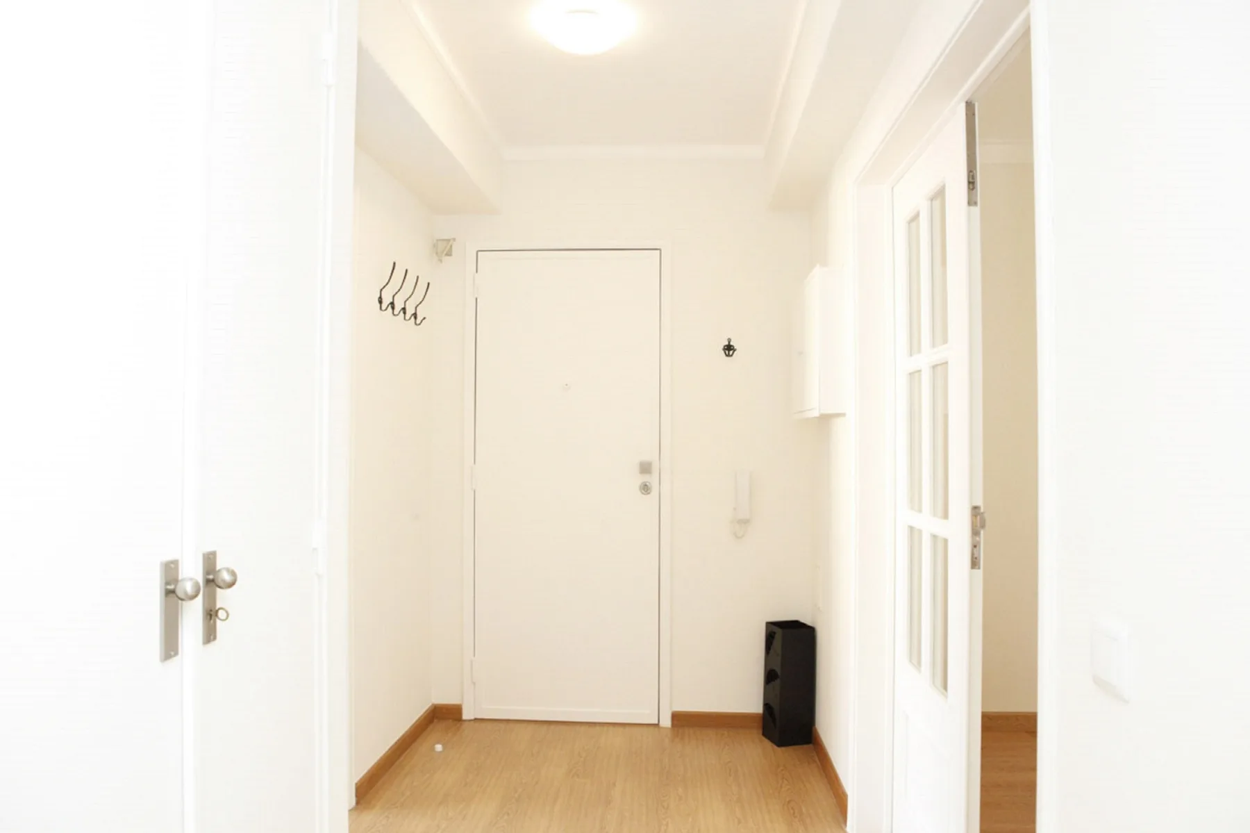 A bright apartment entry hallway with a closed door and coat hooks.